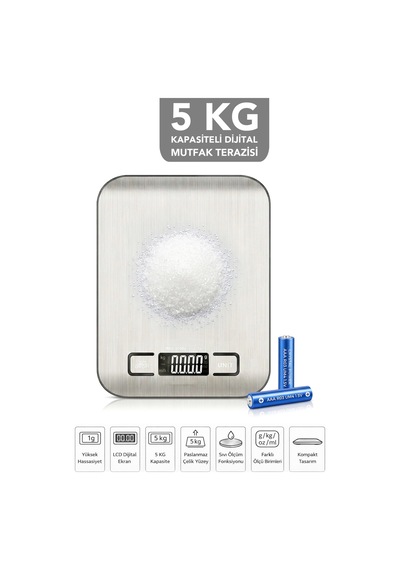 Dijital Mutfak Tartısı - Lcd Dijital Ekran 5kg Kapasiteli Paslanmaz Çelik Yüzeyli Hassas Tartı Gri