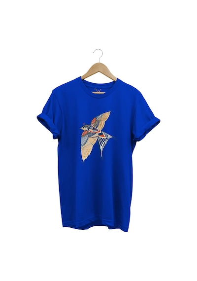 Kırlangıç Kuşu Dekoratif Baskılı %100 Pamuk Regular Fit Unisex T-shirt Mavi