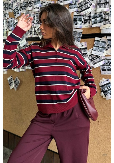 Madmext Bordo Çizgili Polo Yaka Düğmeli Kadın Kazak Mg2561 Bordo