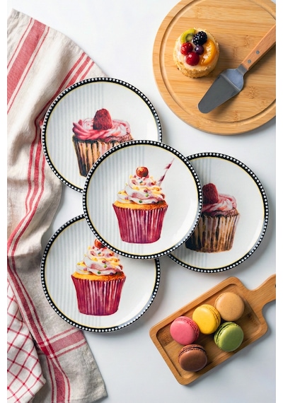Grandora Pasta Tabağı Cupcake Desenli 6 Adet, 20 Cm Pasta, Tatlı Sunum Tabağı Seti, Doğum Günü Tabağı Çok Renkli