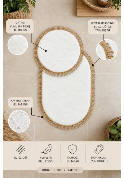 El Yapımı Bohem Banyo Paspası 2'li Peluş Kaymaz Jel Taban Yuvarlak 60x60 Cm Ve Oval 55x100 Cm Beyaz Jüt Hasır