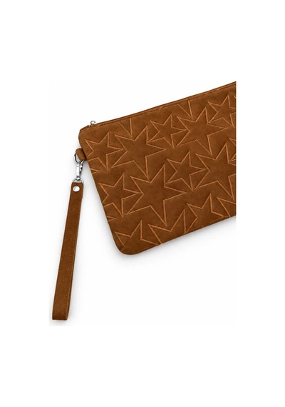 Adelina Bags Süet Yıldız Nakış İşlemeli Portföy El Çantası Bilek Askılı Astarlı Süet Clutch Çanta Taba