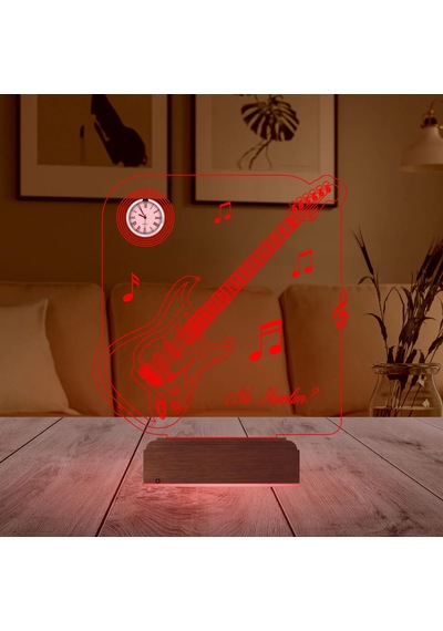Luvivia Elektro Gitar Müzik Nota Müzisyen Kişiye Özel Metal Saatli 3d Lamba - Masa Gece Lambası Şeffaf