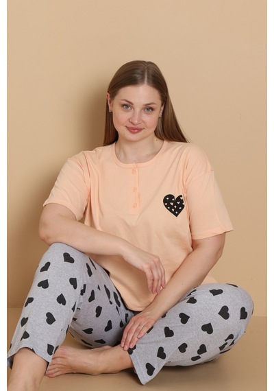 Wordex Mirano 4515 Kalpli Kısa Kollu Pamuklu Penye Büyük Beden Kadın Pijama Takımı Somon