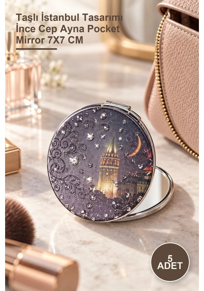 5 Adet El Aynası Taşlı İstanbul Tasarımı İnce Cep Ayna Pocket Mirror 7x7 Cm