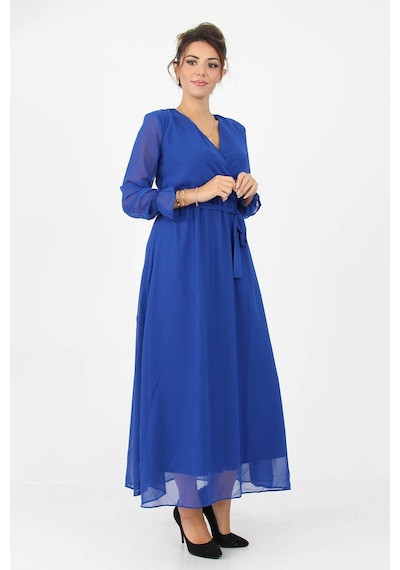 Neşeli Butik Kadın Kruvaze Yaka Bağlama Detaylı Yeni Sezon Uzun Şifon Elbise Kts003 Saks