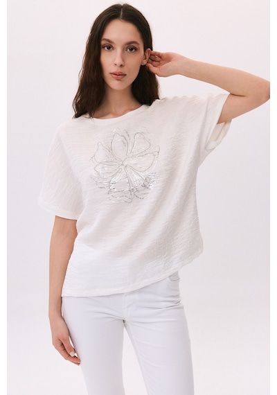 Daido Kadın Yuvarlak Yaka Kısa Kollu Desenli T-shirt 6217 Ekru
