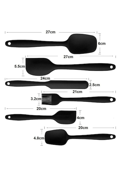 6 Lı Silikon Mutfak Seti Kaşık , Spatula , Fırça Ve Sıyırma Spatulası Isıya Dayanıklı Siyah
