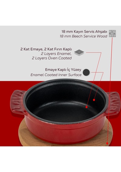 Lava Döküm Yuvarlak Güveç Kabı Döküm Demir Yekpare Çift Kulplu Kayın Servis Ahşabı Çap Ø 11cm.-bordo Bordo