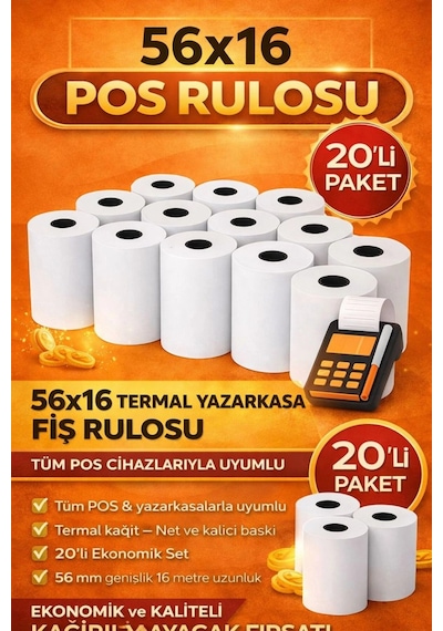 56x16 Termal Pos Kağıdı Rulosu 20'li - Tüm Pos Cihazlara Uyumlu