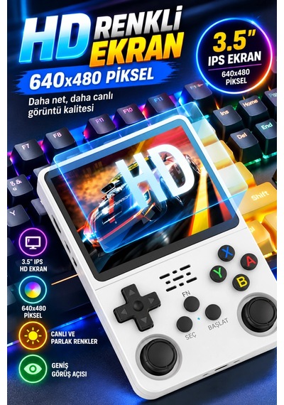 R36s Beyaz Retro El Oyun Konsolu 3.5 Inç Ips Ekran 64gb Retro Oyun Konsolu
