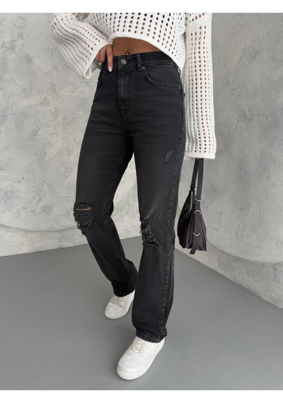 Kadın Straight Jean Yırtık Detaylı Ara Bel Boru Paça Kot Pantolon Füme Siyah+füme