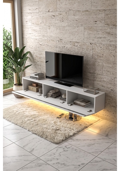 Pureline Tech Led Işıklı Tv Ünitesi 180 Cm - Modern Tv Sehpası - Beyaz Antrasit