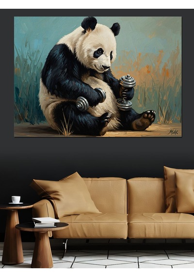 Çimler Üzerinde Dinlenen Panda Figürü Dekoratif Kanvas - Mdf Ahşap Tablo
