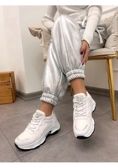 Erva'nın Butiği Beyaz Cilt Leo Leopar Detaylı Kadın Bağcıklı Sneakers-5202