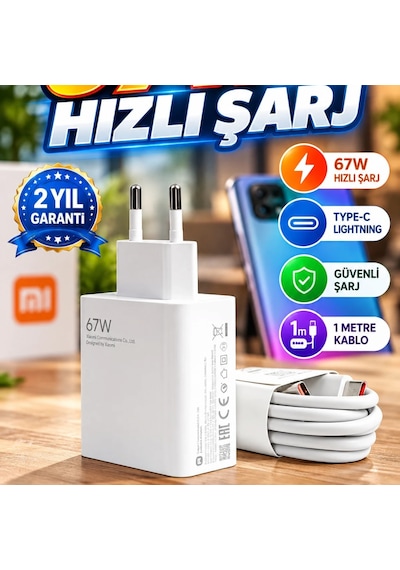 Xiaomi Redmi 9 10 12c Uyumlu 67w Hızlı Şarj Adaptörü Qc 5.0 1 M Type-c Lightning Kablolu
