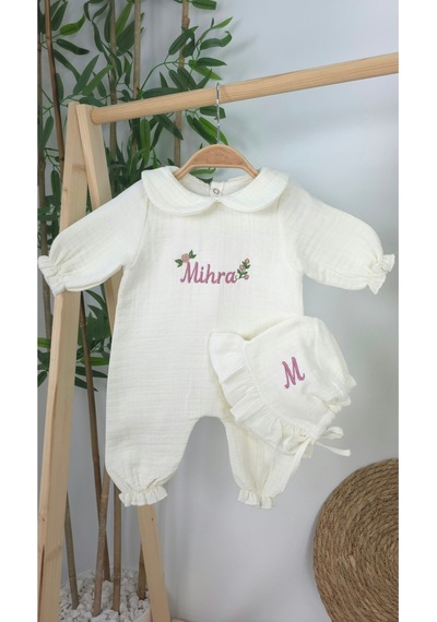 Gros Shop Müslin Yeni Doğan 4katlı Organik %100pamuk Kişiye Özgü Nakışlı Hastane Çıkış Seti Güllü Mode-3 Ekru-2