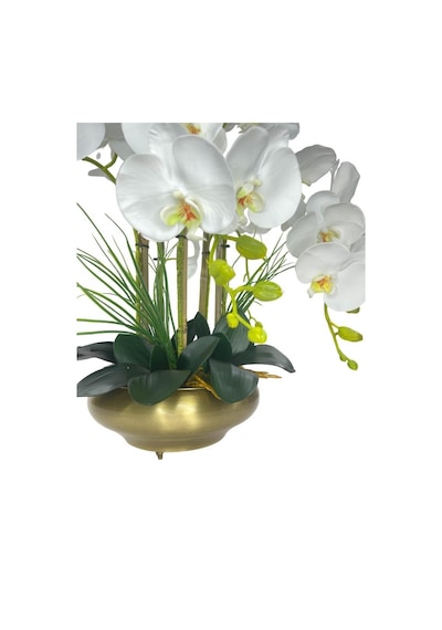 Yapay Çiçek 5li Beyaz Islak Orkide Metal Yuvarlak Eski Gold Vazoda Orkide 50cm