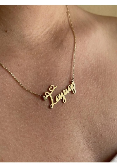 İsimli Kalpli Altın Gold 925 Ayar Gümüş Zincir Kolye Kişiye Özel Tasarım Gümüş