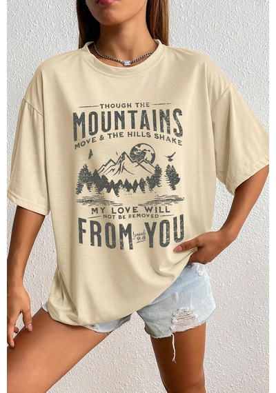 Unisex Mountains Baskılı Tasarım Tshirt Bej