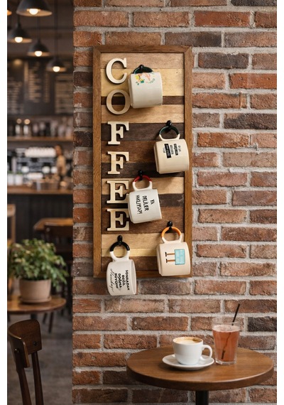Ahşap Duvar Kupa Askılığı 5 Li Kahve Köşesi Organizer 25x61 Cm