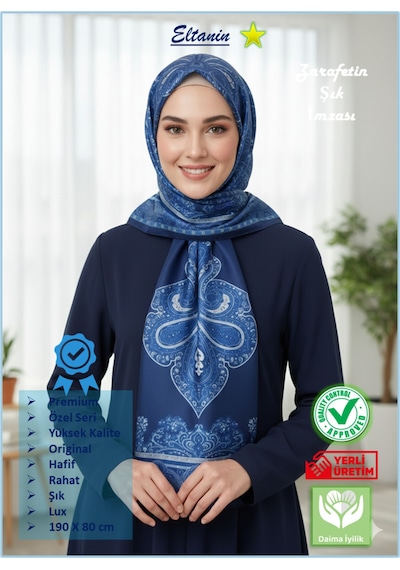Premium Lux Original Etnik Desen Şal Vual İpek, 1. Sınıf, Hafif, Rahat, Şık, Tesettür Giyim Mavi - Lacivert