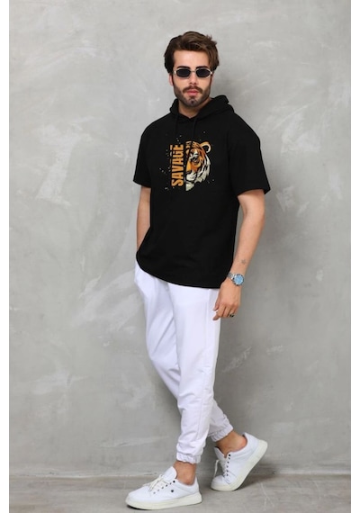 Vexor Erkek Kapüşonlu Kısa Kol Oversize Baskılı T-shirt - Siyah Çok Renkli