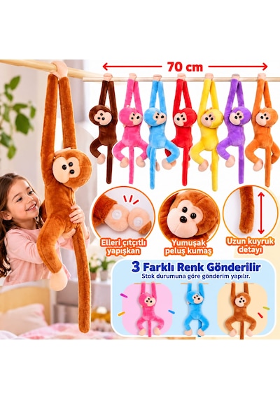 Oyuncak Peluş Maymun 3'lü Renkli Set Elleri Yapışabilen Sarılan Cırtlı Uyku Ve Oyun Arkadaşı Hediyelik Monkeysole 70 Cm Çok Renkli