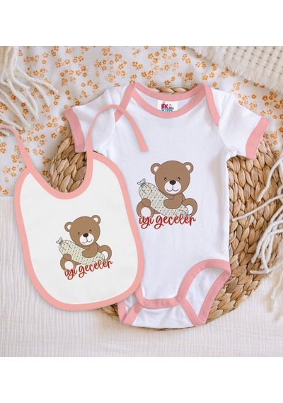Bk Kids Sevimli Ayıcık Tasarımlı Pembe Bebek Body Zıbın Ve Mama Ö Çok Renkli