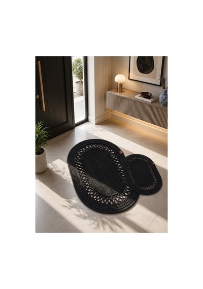 Oval Siyah Örgü Desenli Hasır 2'li Dekoratif Paspas Set 40x60 / 50x80 Siyah Siyah
