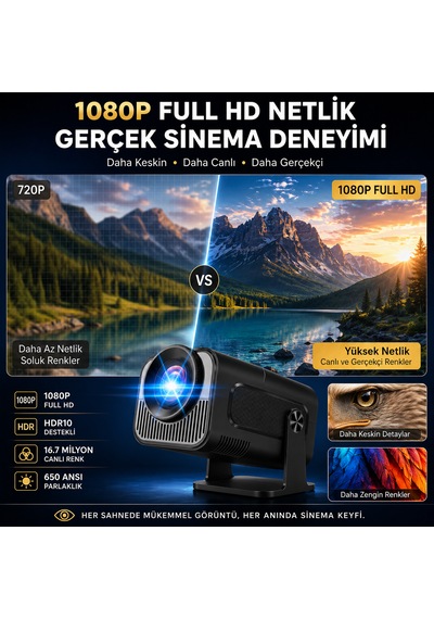 Android Tv 1080p Full Hd Projeksiyon Cihazı Wifi 6 Bluetooth 5.0 Otomatik Keystone Ev Sinema Projektörü