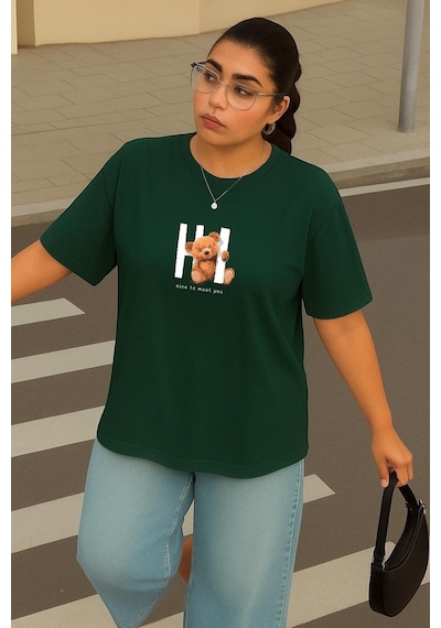Büyük Beden Ayıcık Baskılı Unisex Tişört Yeşil