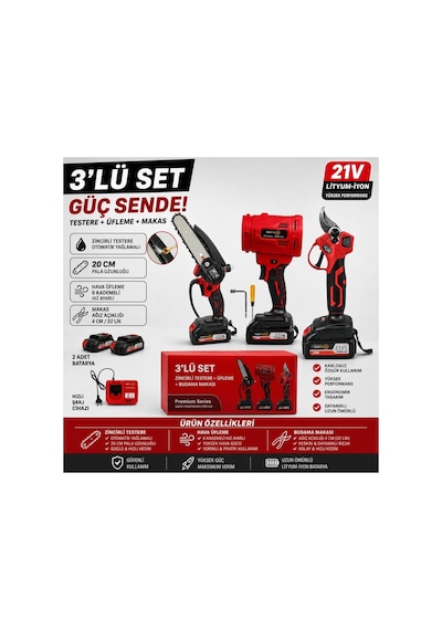 3'lü Set Akülü Testere + Üfleme Makinesi + Budama Makası