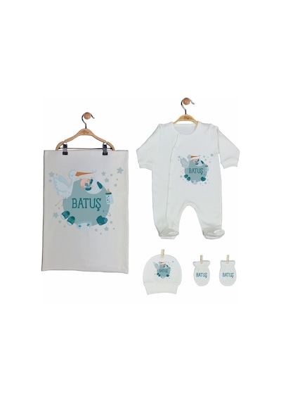 Pia Baby Gl 2004 İsme Özel Leylekli Beşli Tulum Set Mavi