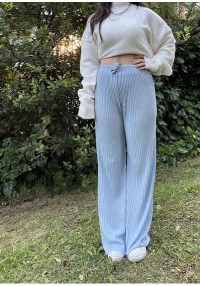 Kadın Fitilli Çizgili Penye Raporlu Pamuklu Pijama Altı Eşofman