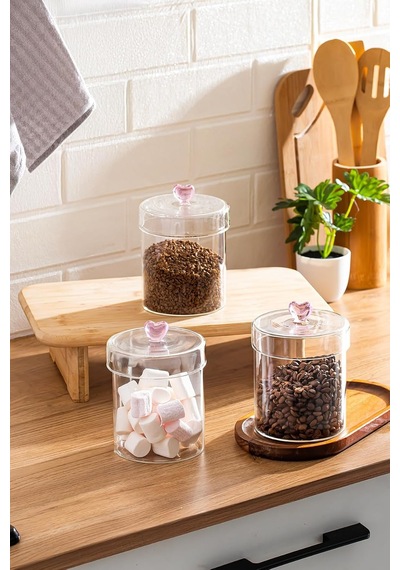 Hearts 3lü 750 Ml Borosilikat Cam Kavanoz Seti Saklama Kabı Takımı 10x12 Cm Şeffaf