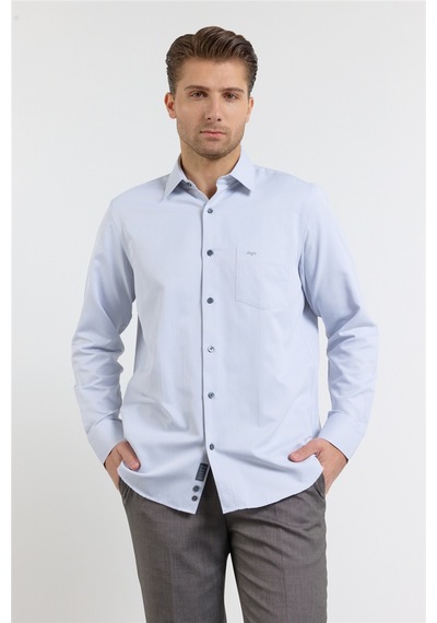 İmza Gri Kendinden Desenli Sert Yaka Uzun Kol Cepli Comfort Fit Pamuklu Gömlek 1004255269