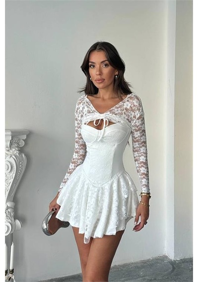 Neşeli Butik Kadın Bolero Detaylı Güpür Prenses Elbise Nbdf107 Beyaz