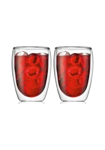 Çift Cidarlı Cam Bardak, Meşrubat Bardağı 300 Ml, Beyaz, Elde Yıkanabilir, 2 Adet Set - 12772 Açık Kırmızı