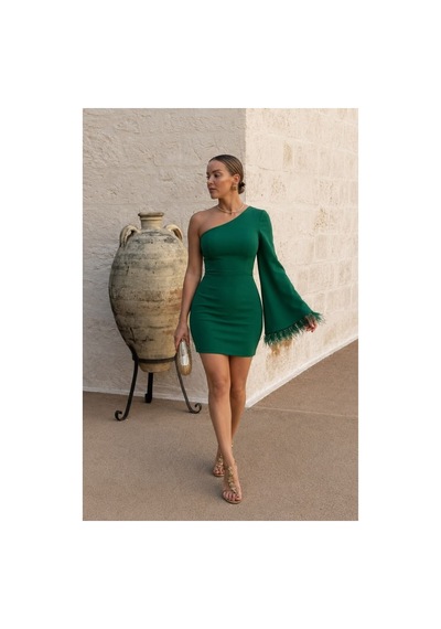 DefyModa Kadın Gösterişli Tek Omuz Mini Abiye Elbise Zümrüt