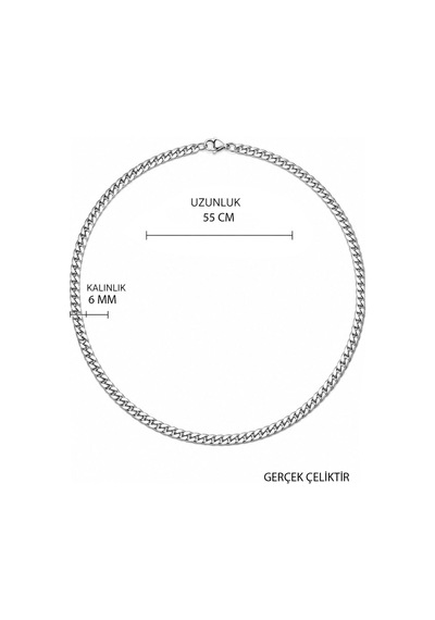 Erkek Çelik Ezme Gurmet Zincir Kolye 6 Mm 55 Cm Gümüş