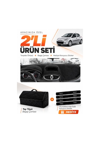 E-biz Renault Clıo 3 2005-2012 Uyumlu Torpido Örtüsü + Tay Tüyü Bagaj Çantası Seti - Siyah - Re017
