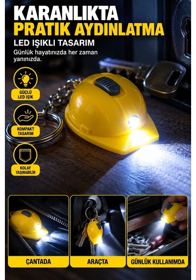 Işıklı Baret Tasarımlı Anahtarlık Şişe Açacaklı Led Işıklı Mini Anahtarlık