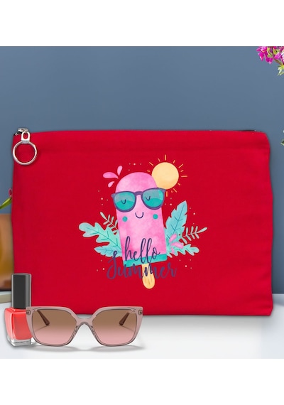 Bk Gift Yaz Temalı-5 Astarlı Kırmızı Portföy Çanta 30x21cm, Baskılı El Çantası, Organizer Çanta
