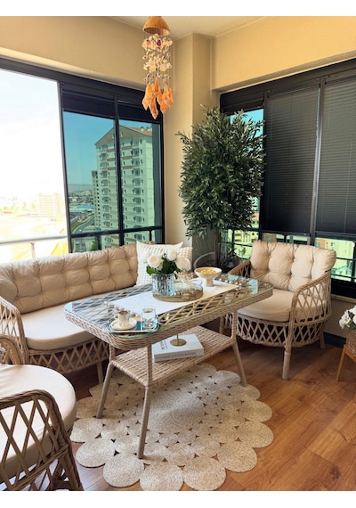 Paris Bahçe Balkon Bambu Rattan Oturma Grubu Bambu - Krem