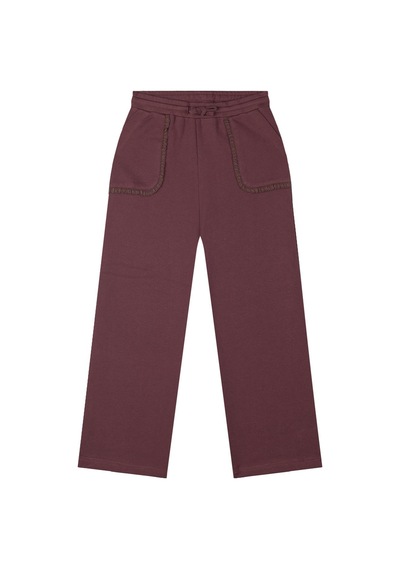 Antebies Organik Gots Sertifikalı Bordo, Dantel Detaylı Cepli, Bol Paça, Bel Lastikli Bağcıklı Kız Çocuk Eşofman Altı