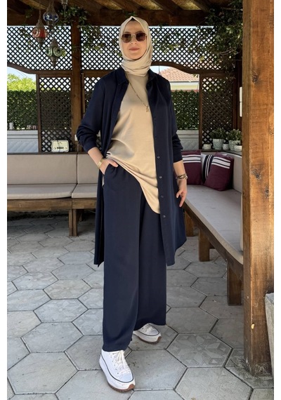 Rabia Şamlı İnci Pantolonlu Takım Lacivert Normal