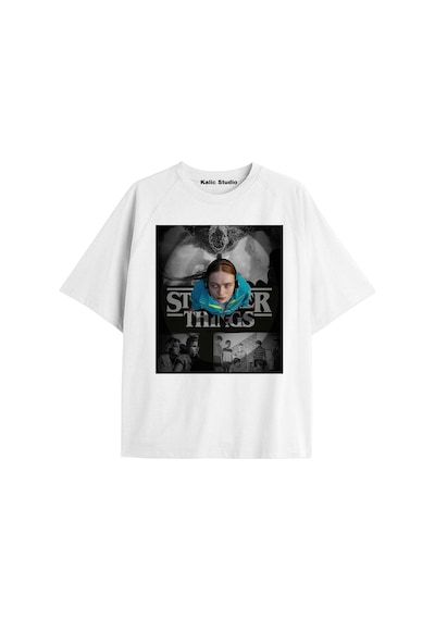 Stranger Things Baskılı Oversize Ünisex T-shirt Beyaz Altın