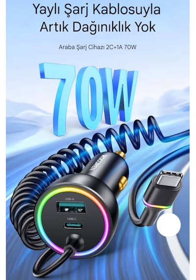 70w Yaylı Şarj Kablolu 3 Girişli Type-c Ve Usb Hızlı Ce Lisanslı