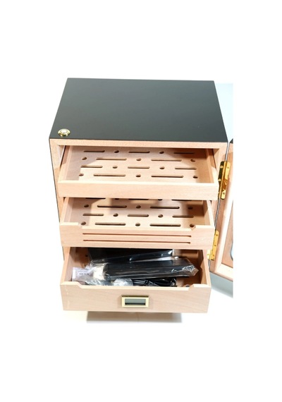Premiumquality Las Condes Aksesuar Çekmeceli İçi Ledli Siyah Sedir Humidor Puro Kutusu - Tr9827